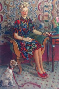 Mehoffer Józef - Portret kobiety z pieskiem na czerwonej smyczy