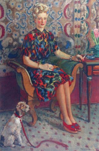 Mehoffer Józef - Portret kobiety z pieskiem na czerwonej smyczy