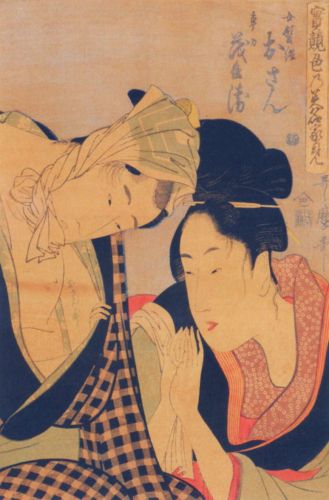 Utamaro Kitagawa - Piękna Osan podziwiająca swe imię wypisane na ramieniu kochanka Mohei
