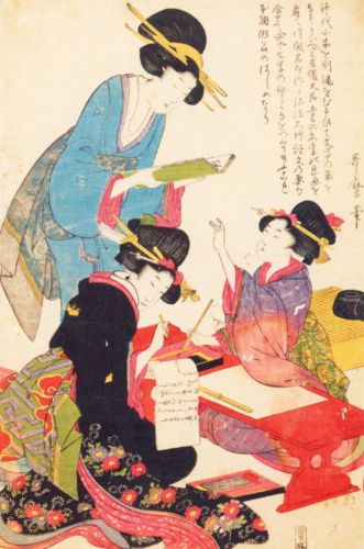 Utamaro Kitagawa - Trzy kobiety zajęte kaligrafią