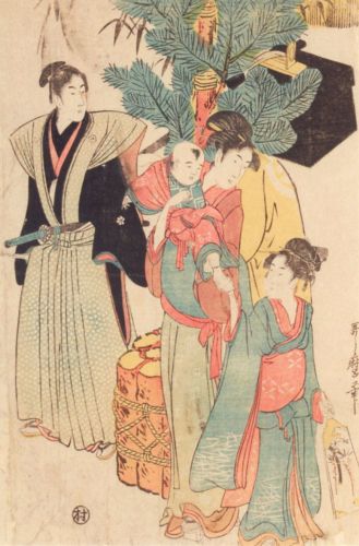 Utamaro Kitagawa - Grupa osób przy dekoracji noworocznej