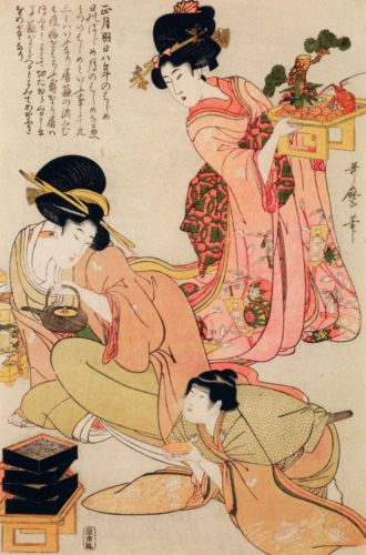 Utamaro Kitagawa - Dwie kobiety i chłopiec w czasie posiłku