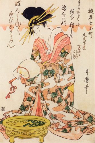Utamaro Kitagawa - Kobieta siedząca z wachlarzem przy akwarium